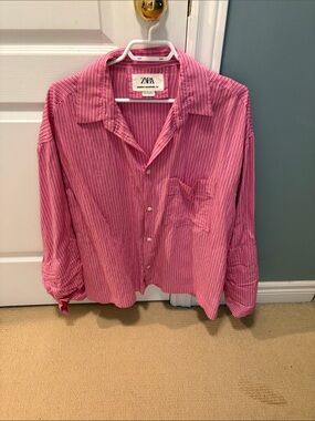 ZARA Pink Striped Oversized Button-Down Shirt